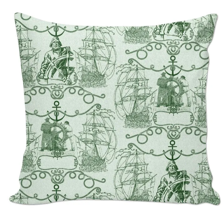 Tissu ameublement Toile de Jouy motif poissonnier Marin pêcheur bateau mètre vert