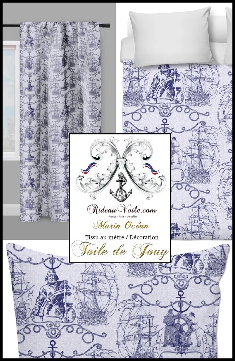 Boutique tissu ameublement Toile de Jouy motif imprimé bateau style Marin au mètre