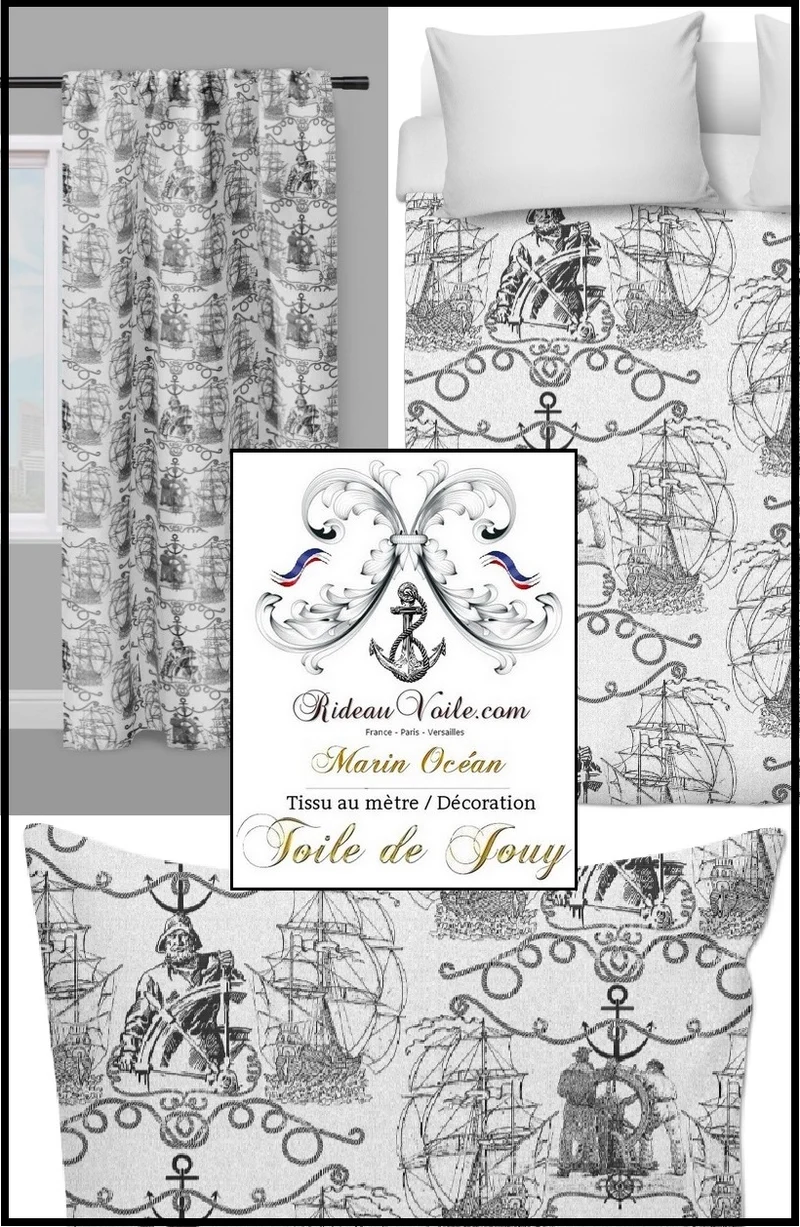 Tissu Toile de Jouy rideau voilage ignifugé occultant motif bateau Marin au mètre