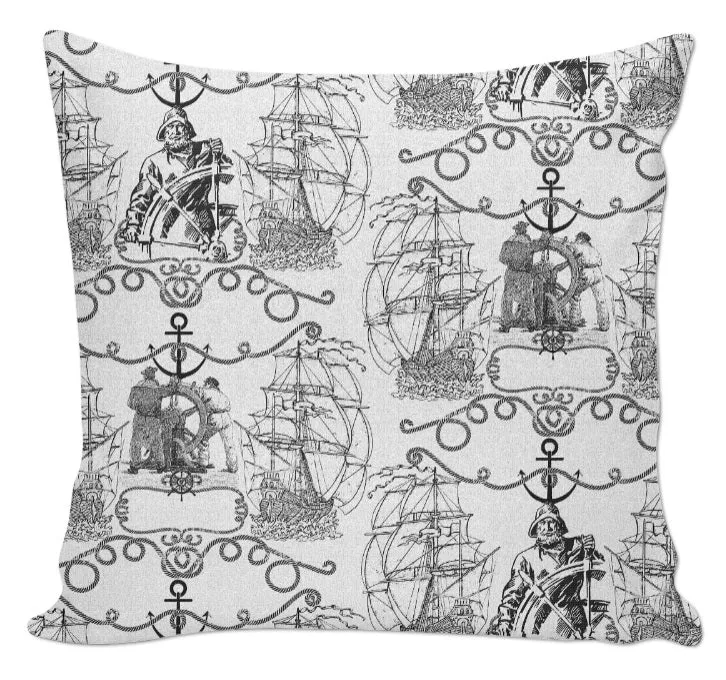 Tissu Toile de Jouy rideau voilage ignifugé occultant motif bateau Marin au mètre