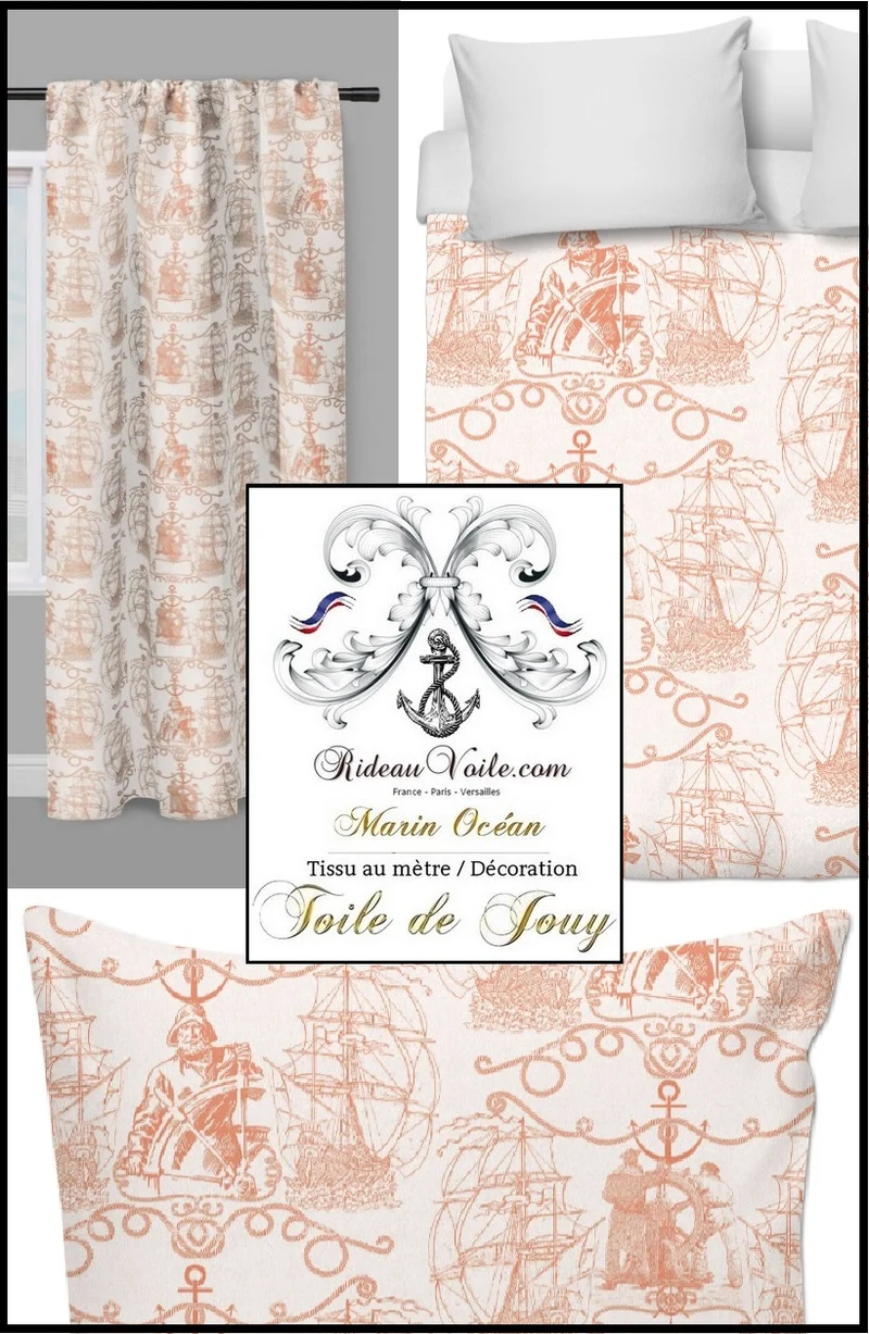 Tissu ameublement Toile de Jouy rideau motif bateau Marin Pêcheur au mètre orange