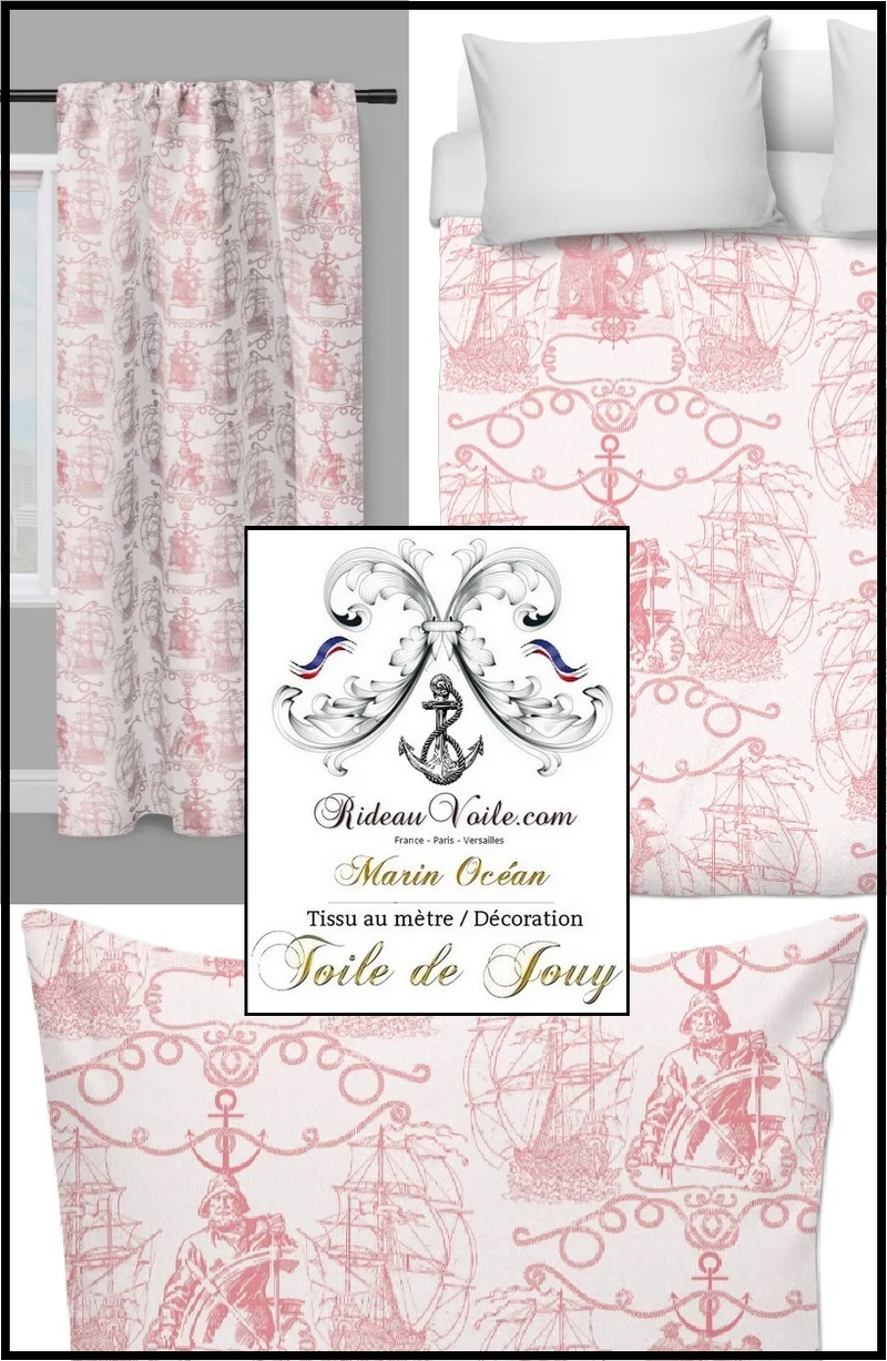 Tissu ameublement tapisserie Toile de Jouy motif Marin au mètre rose french fabrics boat
