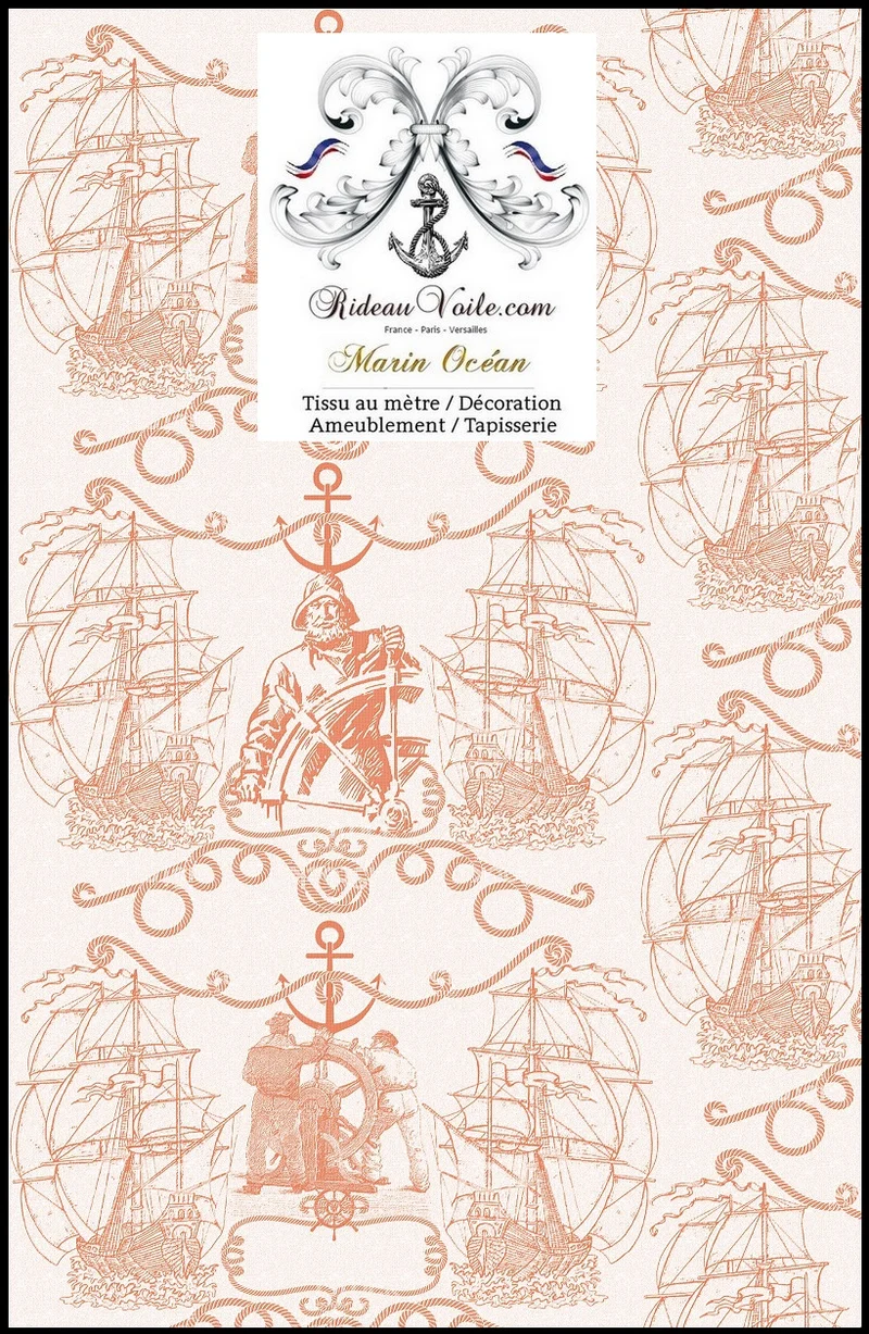 Tissu d'éditeur Français ameublement motif style Marin mètre Toile de Jouy orange