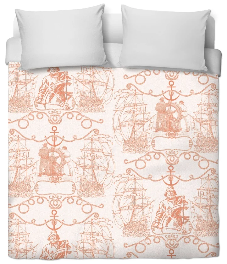 Tissu d'éditeur Français ameublement motif style Marin mètre Toile de Jouy orange