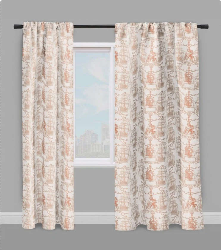 Tissu d'éditeur Français ameublement motif style Marin mètre Toile de Jouy orange