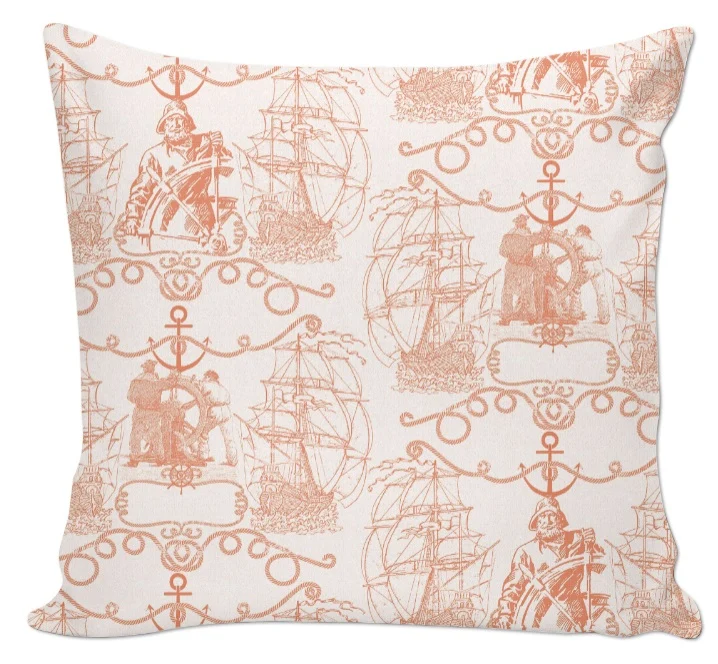Tissu d'éditeur Français ameublement motif style Marin mètre Toile de Jouy orange