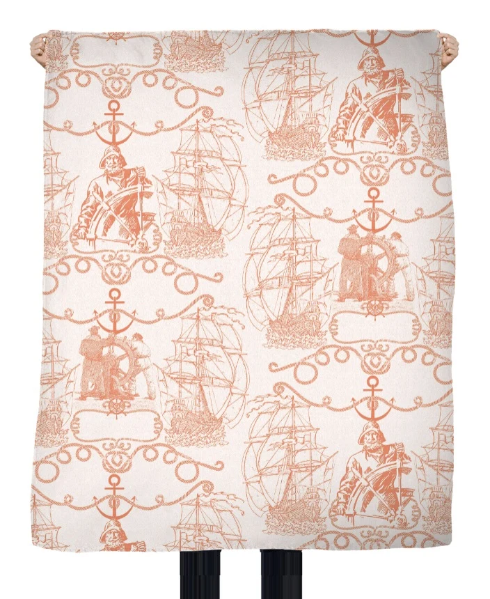 Tissu d'éditeur Français ameublement motif style Marin mètre Toile de Jouy orange