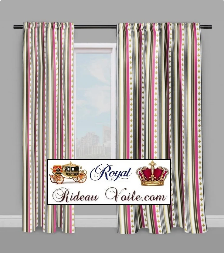 Tissu style Directoire Empire motif Fleurs de Lys Or rayure mètre rideau rayé gris fushia