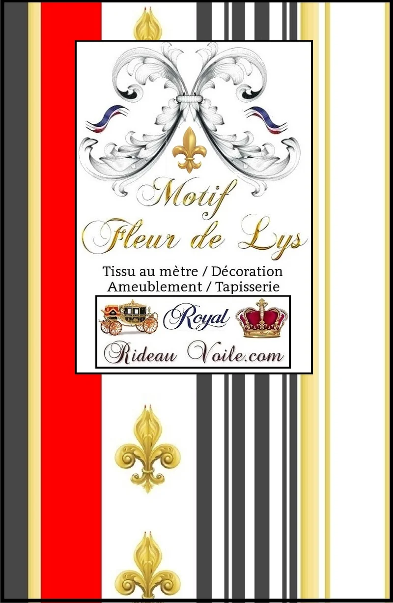 Tissu ameublement Empire motif Fleurs de Lys Or rayure mètre rideau rayé gris rouge