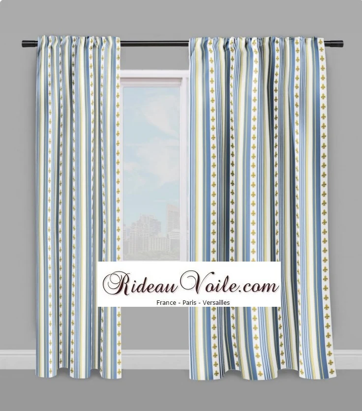 Tissu Style Empire motif imprimé Fleurs Lys Or rayure mètre rideau voilage rayé bleu