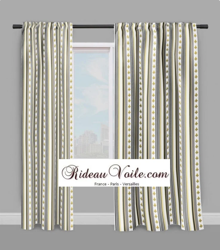 Boutique rideau voilage tissu ameublement Empire motif Fleurs de Lys rayure rayé gris