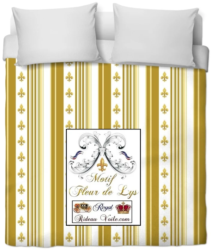 Tissu ameublement Empire motif tapisserie Fleurs de Lys Or rayure mètre rideau voilage