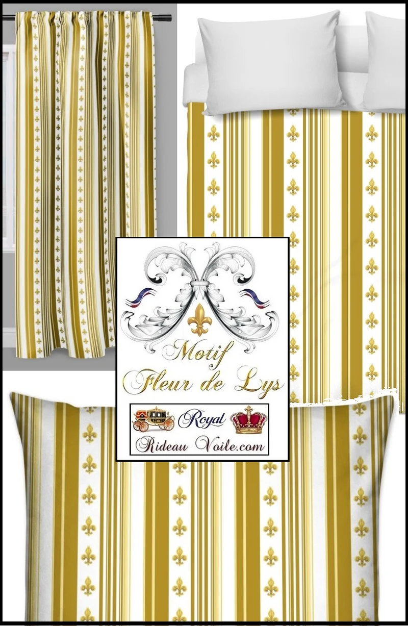 Tissu décoration ameublement style Empire motif Fleurs de Lys rayure mètre rideau rayé