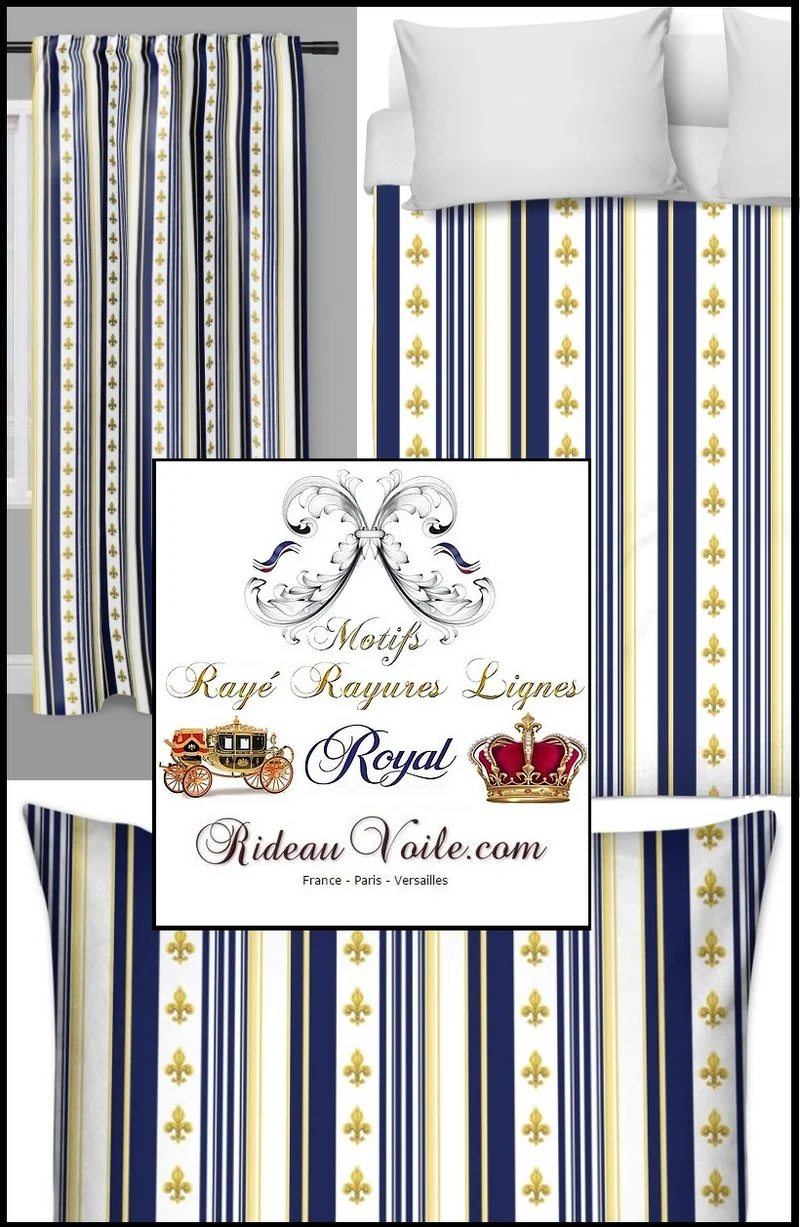 Tissu nouvel Empire mètre motif Fleurs de Lys rayure rayé bleu ameublement couture