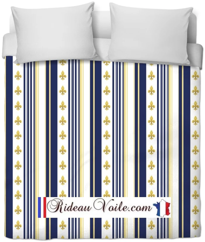 Tissu nouvel Empire mètre motif Fleurs de Lys rayure rayé bleu ameublement couture