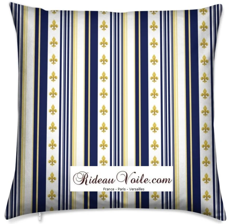 Tissu nouvel Empire mètre motif Fleurs de Lys rayure rayé bleu ameublement couture