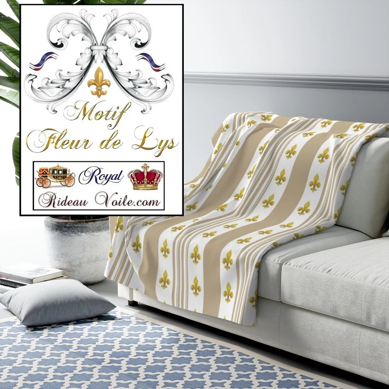 Tissu Style Empire motif Fleurs de Lys rayures beige mètre rideau rayé voilage tapisserie