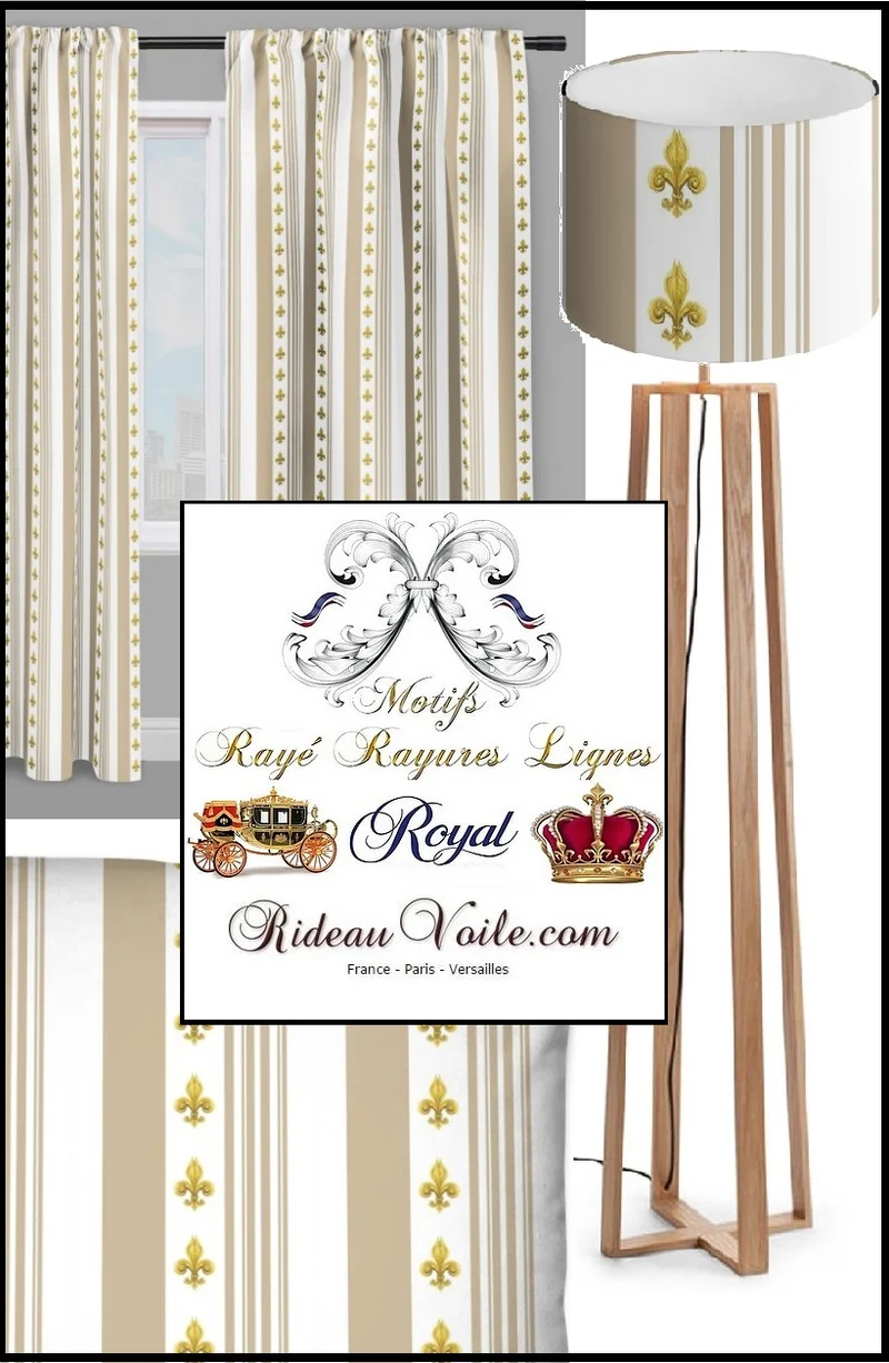Tissu jacquard Empire motif Fleurs de Lys rayures beige mètre rideau voilage rayé