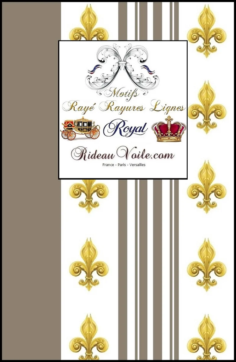 Tissu Style Empire motif Fleurs de Lys Or à rayures marron taupe mètre rideau rayé