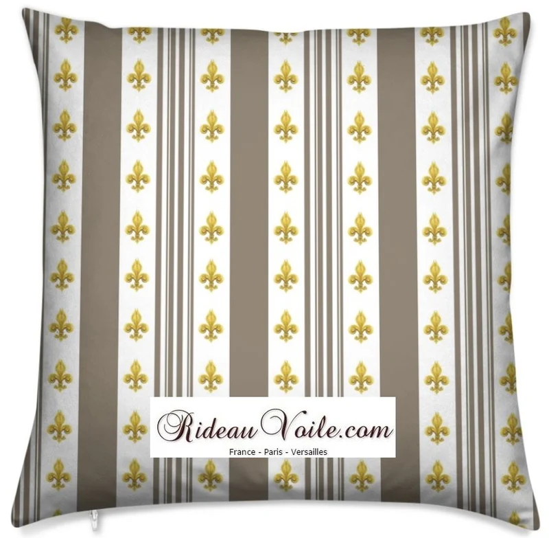 Tissu Style Empire motif Fleurs de Lys Or à rayures marron taupe mètre rideau rayé