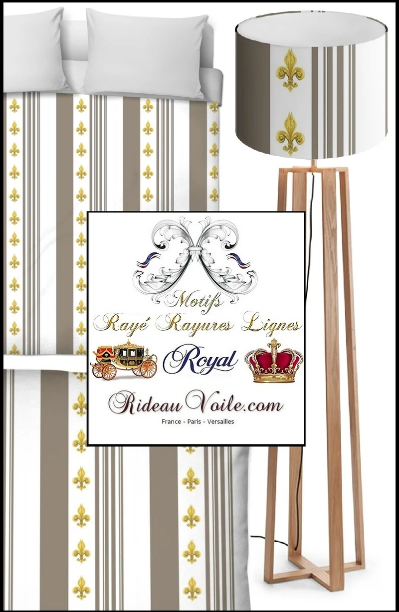 Tissu Style Empire motif Fleurs de Lys Or à rayures marron taupe mètre rideau rayé
