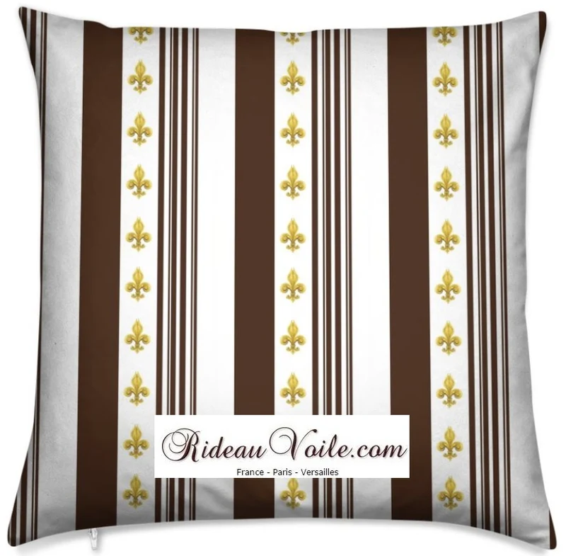 Tissu ameublement Empire motif Fleurs de Lys rayures marron mètre rideau voilage rayé