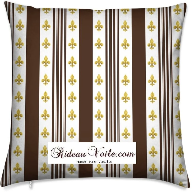 Tissu ameublement Empire motif Fleurs de Lys et rayures marron mètre rideau rayé