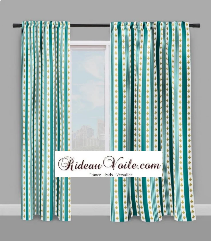 Jacquard soie velours Empire imprimé Fleurs de Lys Or rayures bleu turquoise mètre