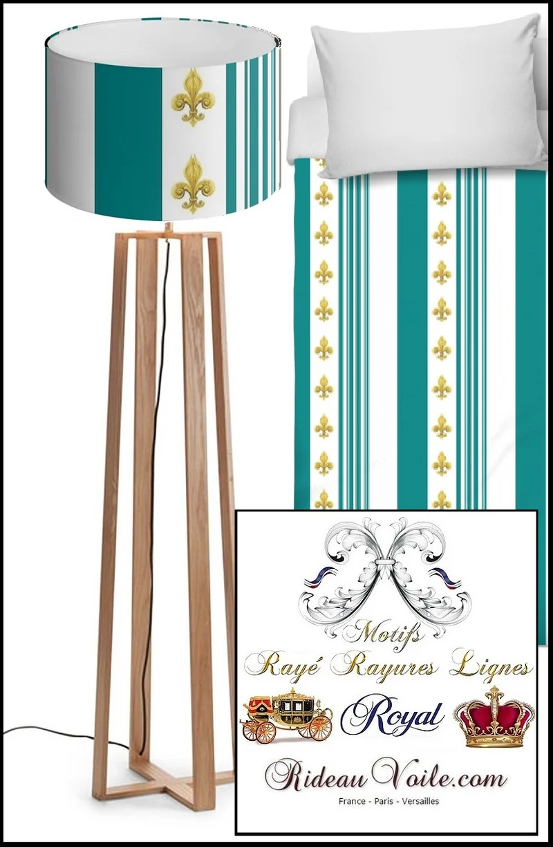 Rideauvoile Tissu Empire motif Fleurs de Lys rayures turquoise mètre rideau rayé