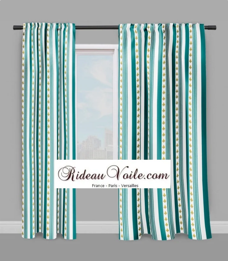 Rideauvoile Tissu Empire motif Fleurs de Lys rayures turquoise mètre rideau rayé