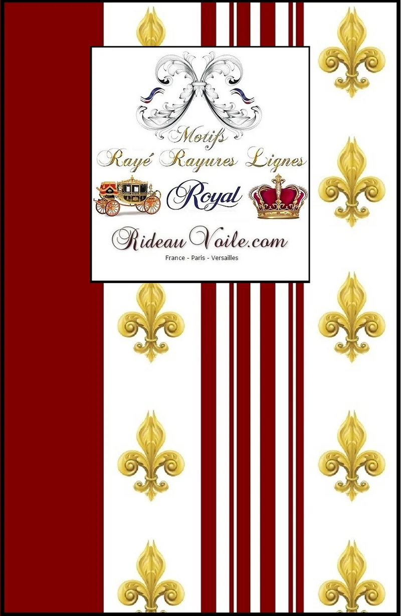 Tissu éditeur ameublement motif Fleurs de Lys Or rayures rouge mètre rideau