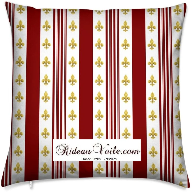 Tissu éditeur ameublement motif Fleurs de Lys Or rayures rouge mètre rideau