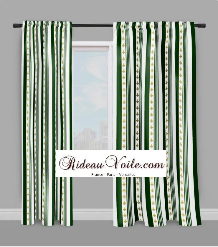 Tissu velours jacquard satin Empire motif Fleurs de Lys rayures vert au mètre rideau