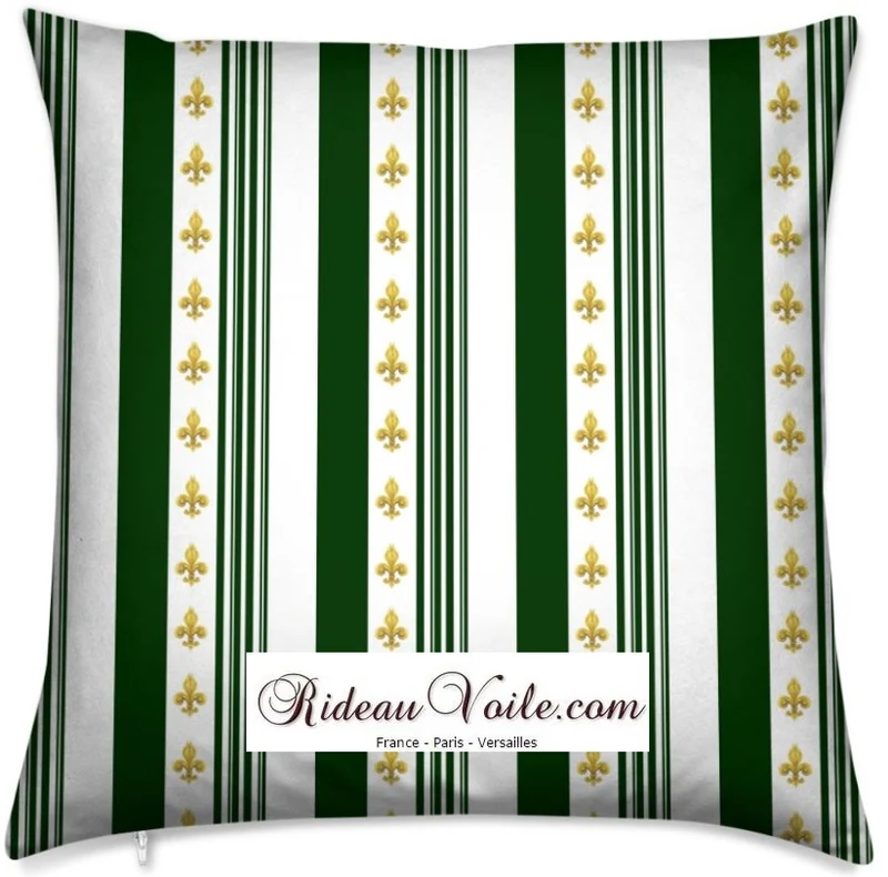 Tissu velours jacquard satin Empire motif Fleurs de Lys rayures vert au mètre rideau