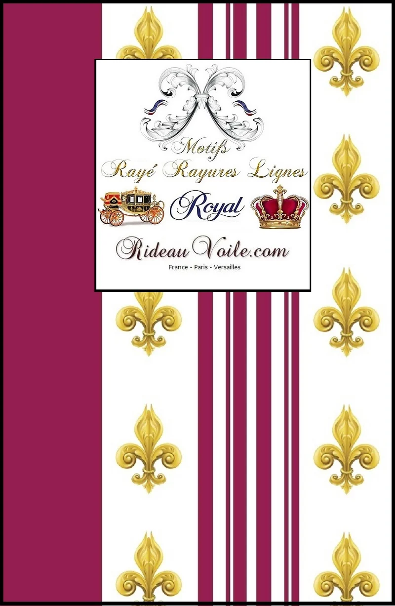 Tissu non-feu occultant Empire motif Fleurs de Lys rayures rouge au mètre rideau