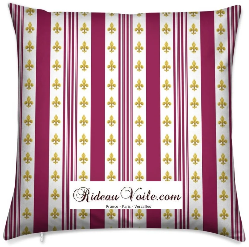 Tissu non-feu occultant Empire motif Fleurs de Lys rayures rouge au mètre rideau