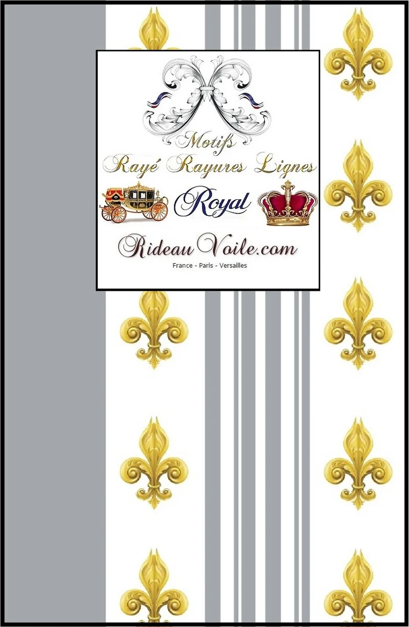 Tissu rayé ameublement Empire motif Fleurs de Lys rayures gris mètre rideau voilage