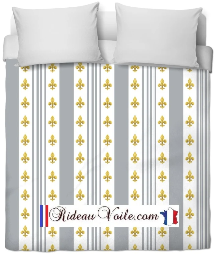 Tissu rayé ameublement Empire motif Fleurs de Lys rayures gris mètre rideau voilage