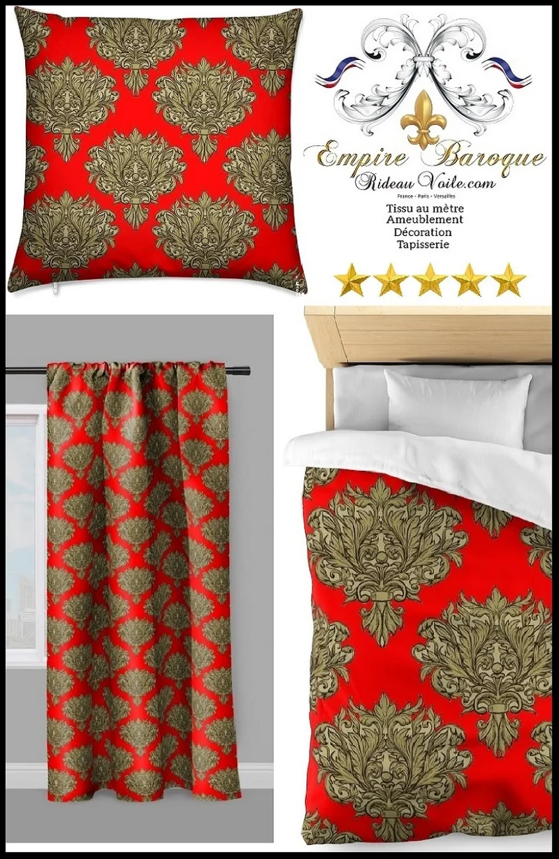 Tissu ameublement mètre rouge fleurs rideau couette coussin Empire Baroque ignifugé