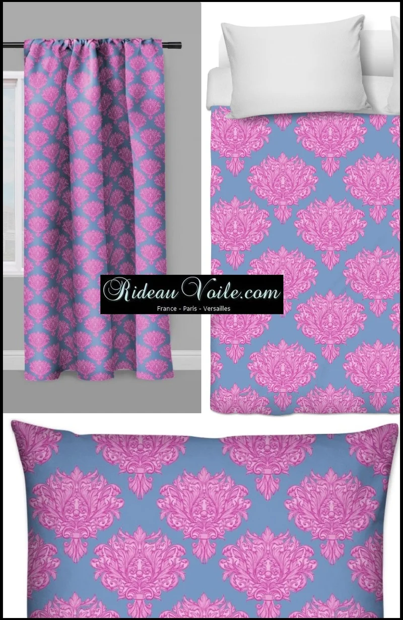 Tissu ameublement décoration mètre Empire Baroque mètre fleur rose fushia bleu gris