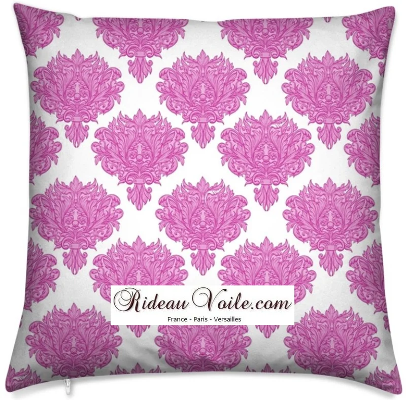Tissu ameublement blanc rideau couette coussin Empire Baroque mètre fleur rose fushia