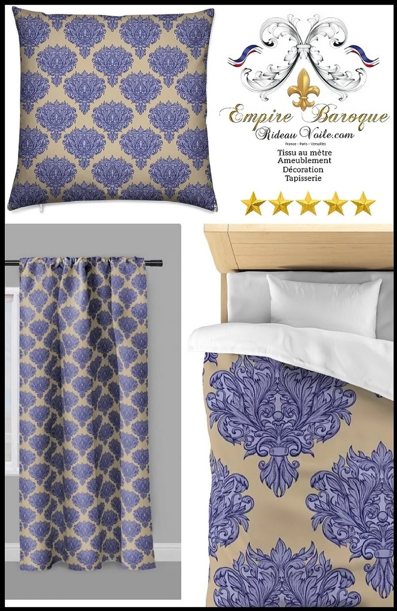 Tissu beige camel rideau couette coussin Empire Baroque mètre motif fleur bleu