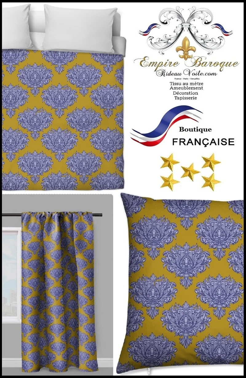 Tissu ameublement décoration fleurs plantes Empire Baroque au mètre bleu vert