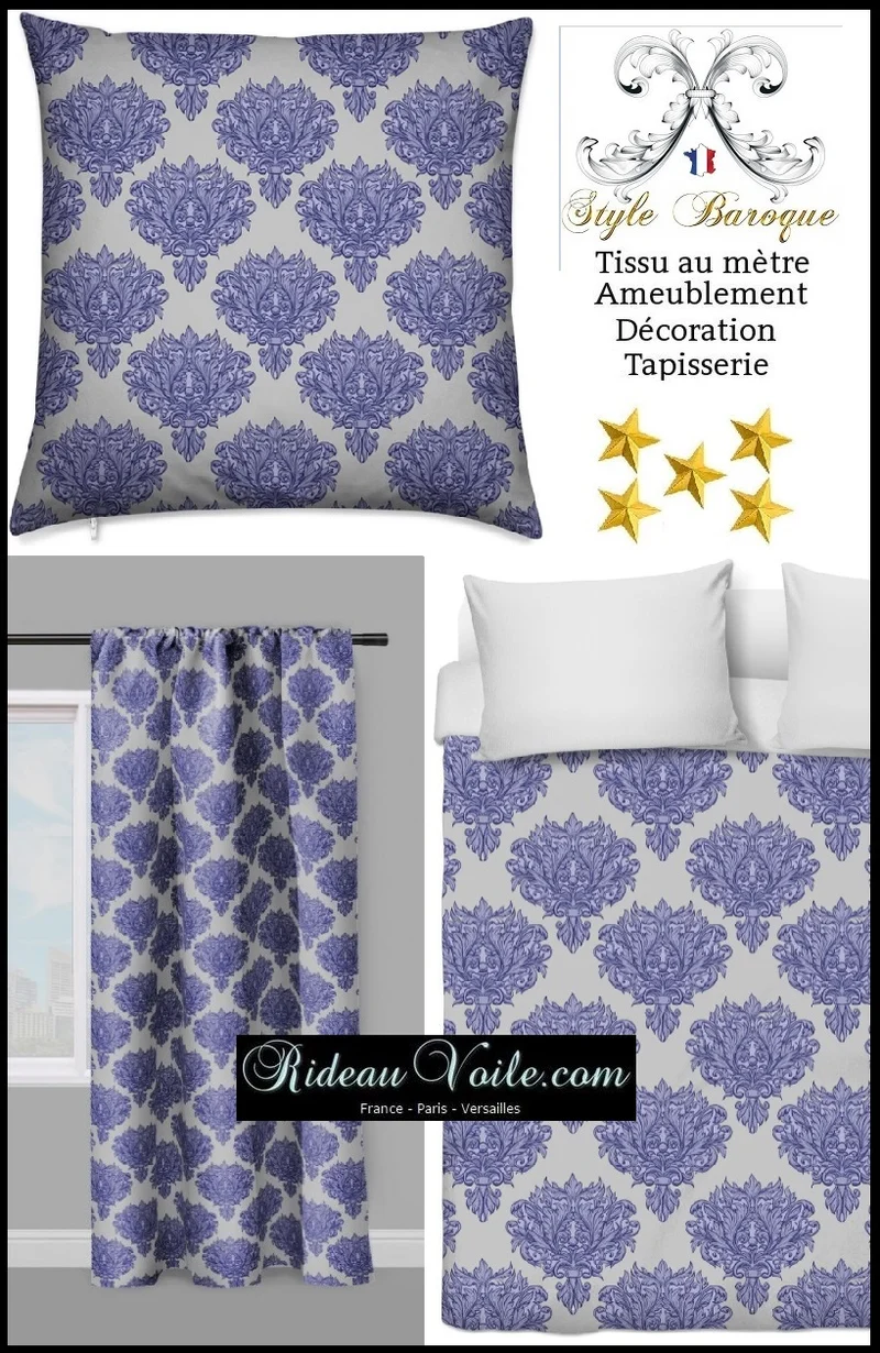 Tissu ameublement décoration Empire Damask Baroque au mètre bleu gris fleur