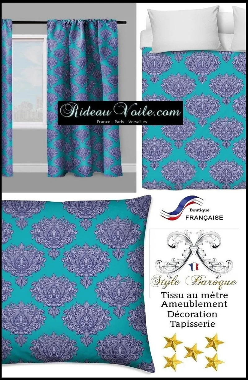 Tissu ameublement décoration Empire Damask Baroque au mètre bleu turquoise fleur