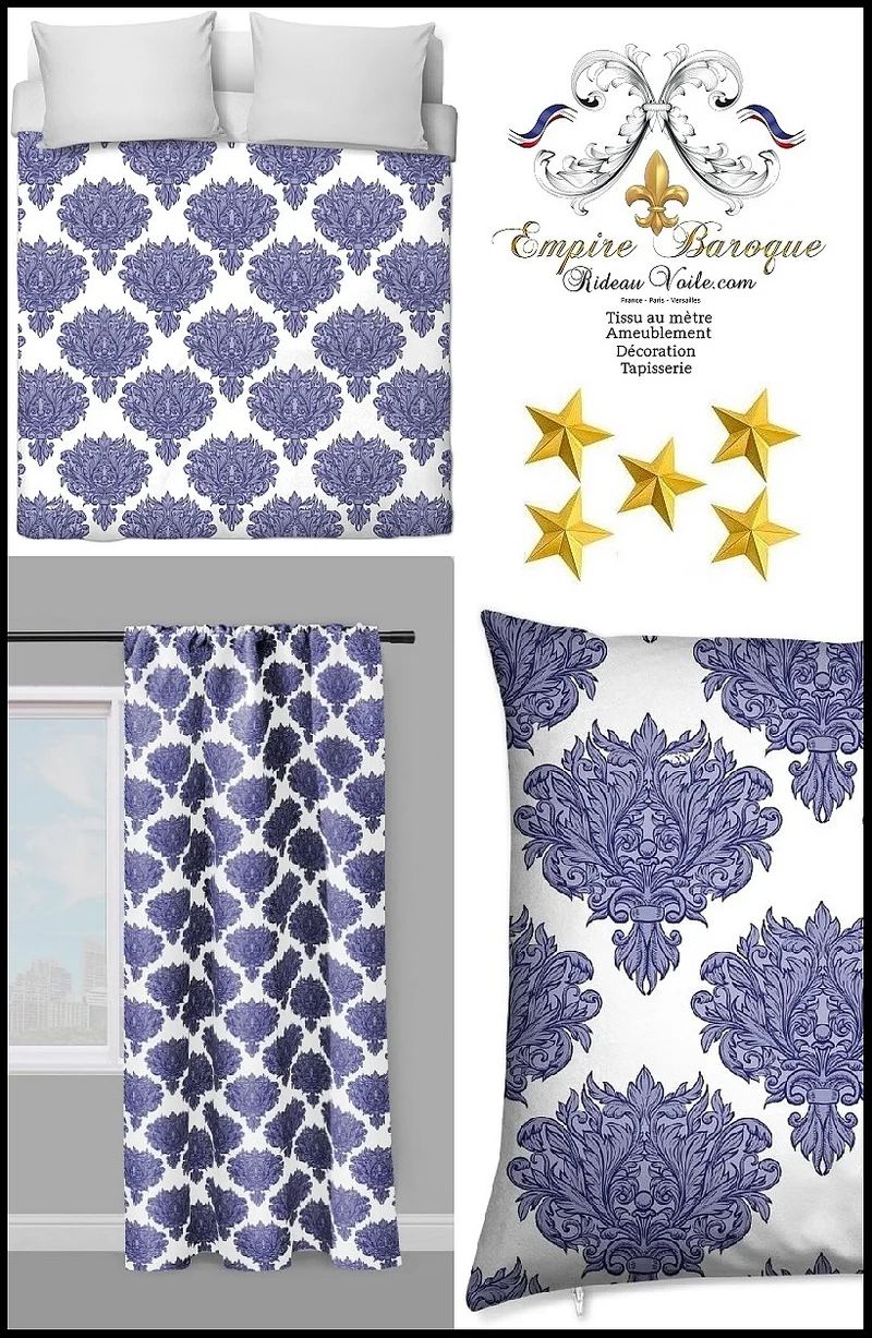 Tissu ameublement décoration Empire Damask Baroque au mètre bleu blanc fleur