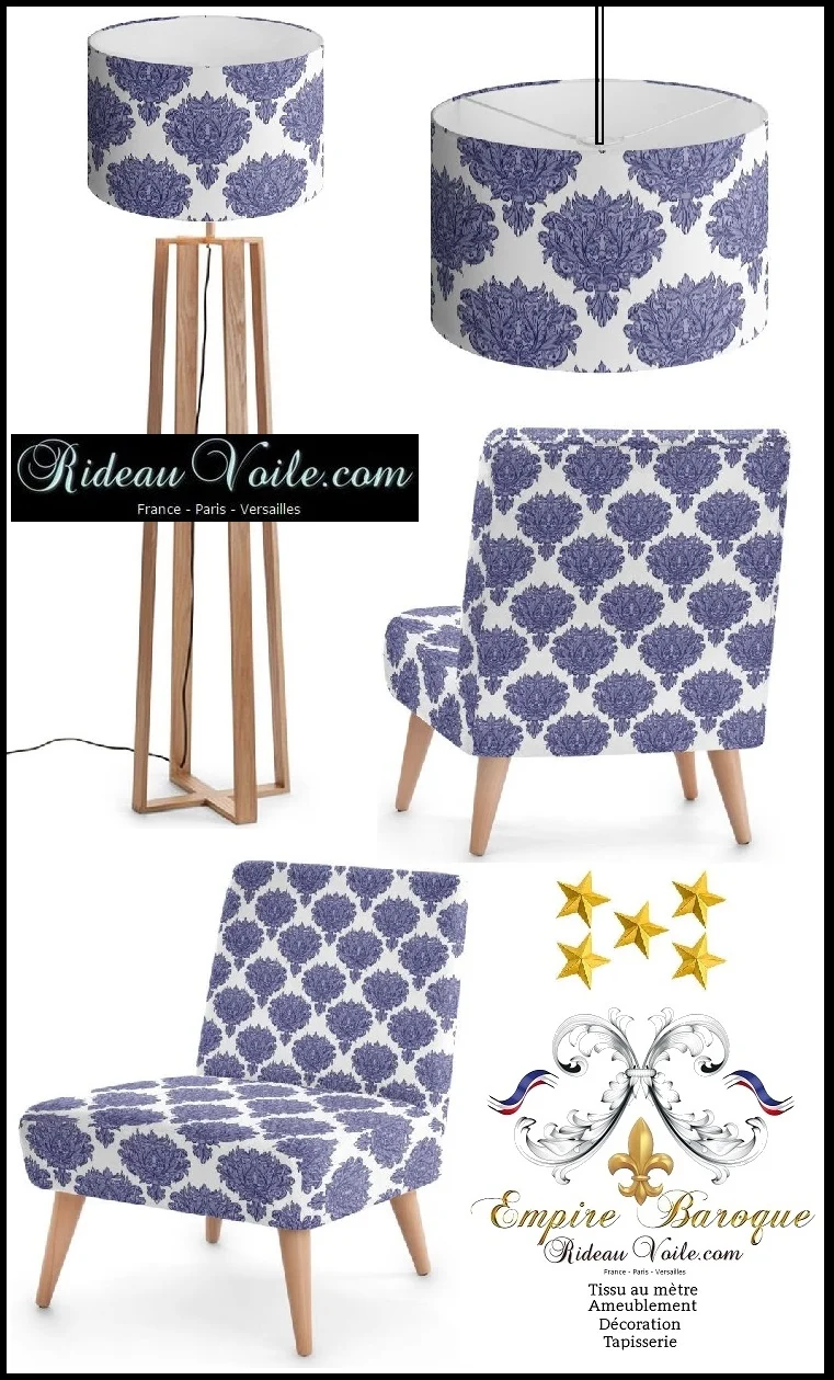Tissu ameublement décoration motif imprimés fleurs Baroque au mètre bleu blanc