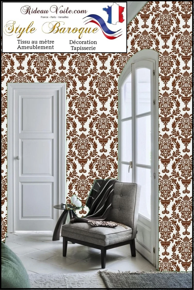 Tissu fleurs Damassé ameublement Baroque marron mètre rideau occultant voilage
