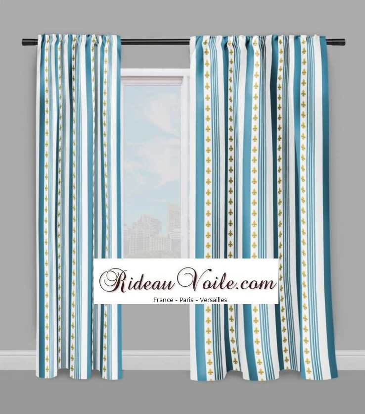 Tissu Style Empire motif Fleurs de Lys Or à rayures bleu turquoise mètre rideau