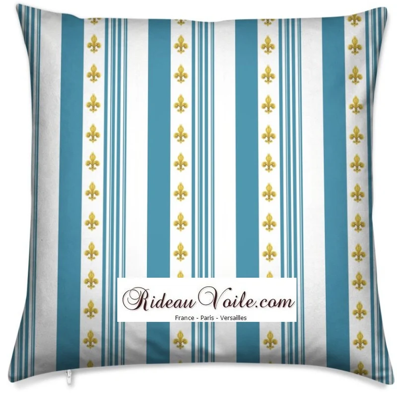 Tissu Style Empire motif Fleurs de Lys Or à rayures bleu turquoise mètre rideau